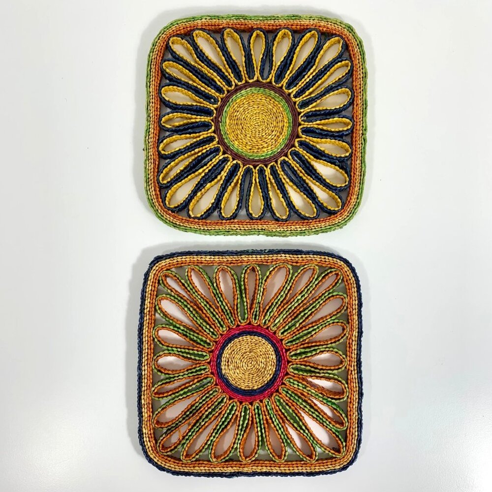 Handwoven Multicolor Straw Coasters Set Of 2 Square Sunburst Design 70s Boho